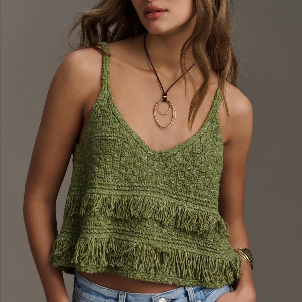 Pilcro Green Fringe Knit Tank Top
